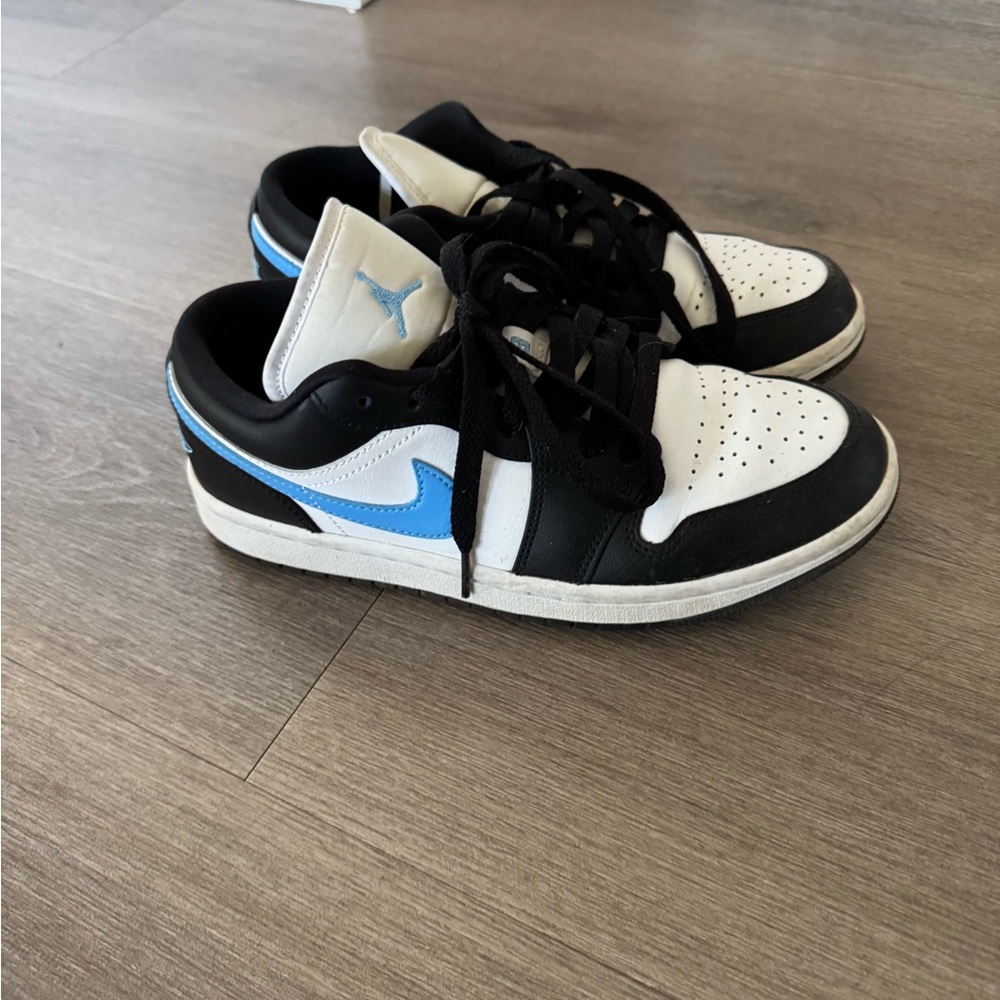 Nike Jordans low Black and White Sneakers with Blue Accents